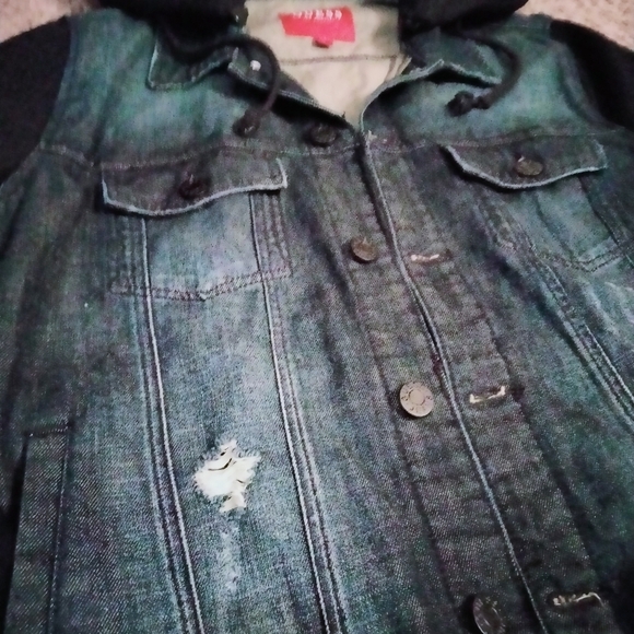 Guess (Size L) Dark Wash Distressed Denim & Hooded Combo Sweater Jacket - Picture 3 of 9
